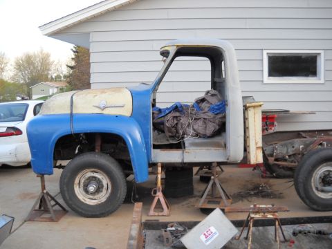 1954 Ford F-100 - Here's the front section of the box sitting on the truck. I'm going to have to raise it up around 4" or so when I mount the cab.