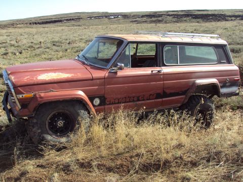 1989 Ford Bronco - This Jeep Cherokee Chief shows significant wear and tear, parked off-road in a grassy field.