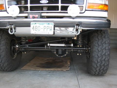 1995 Ford Bronco - Close-up of the front axle and suspension system of a Ford truck, heavy-duty components.