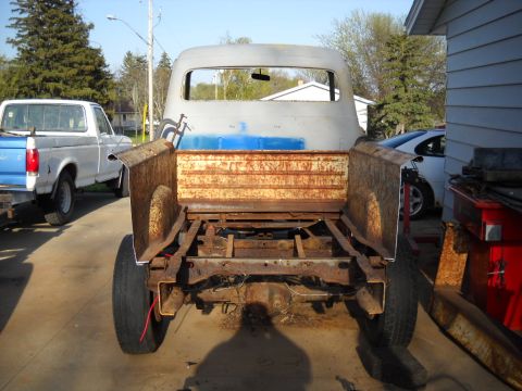 1954 Ford F-100 - Here's a picture from the back. The front box wall is a few inches too low. But the width is close. I'm going to be building a subframe out…