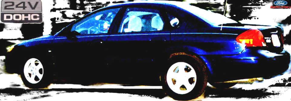 Heavily edited side shot of a dark sedan with 24V DOHC and Ford logos overlaid on a white border