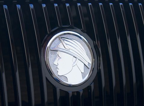 2003 Mercury Marauder - Close-up of the Mercury Marauder emblem on the front grille.