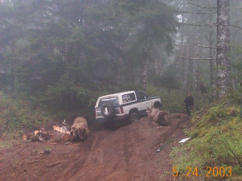 1983 Ford Bronco - A 1983 Ford Bronco navigates a challenging muddy path through a dense forest environment.