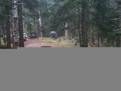 1983 Ford Bronco - Multiple off-road vehicles navigate a wet, wooded trail during an outdoor excursion.
