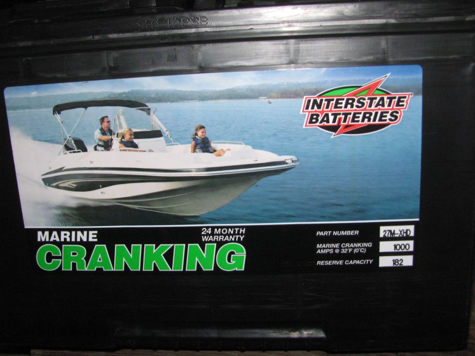 Interstate Batteries marine cranking battery label showing a boat on the water