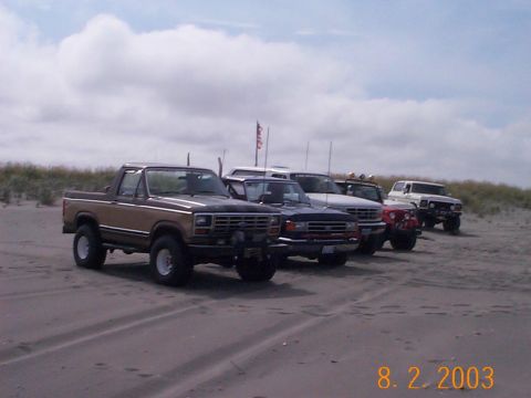 1983 Ford Bronco - A group of off-road vehicles are lined up on a sandy terrain under a cloudy sky.