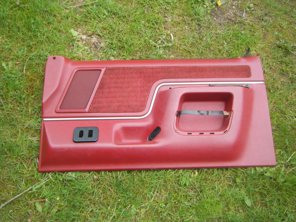 Red car door panel with fabric insert and chrome trim, lying on grass