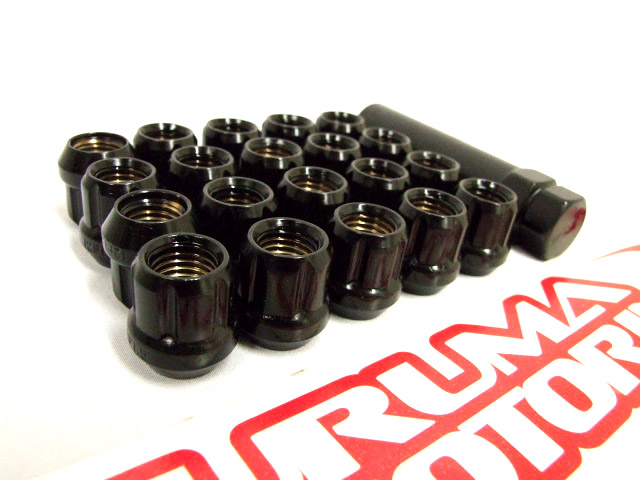 Black lug nuts and a lug wrench on a white surface with red and white "RUMA MOTORS" and "SUPERMOTORS.NET" text