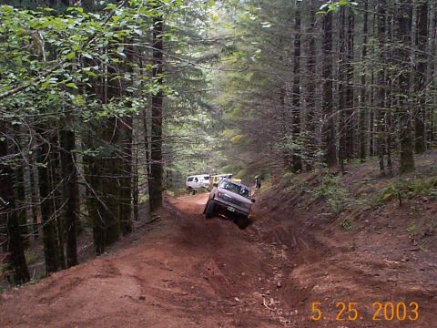 1983 Ford Bronco - Multiple off-road vehicles navigate a steep, muddy path through a dense forest.