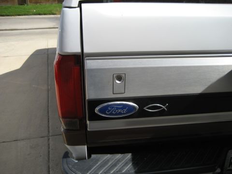 1993 Ford Bronco — Rear of a white Ford truck with a silver tailgate panel. Shows Ford logo and a fish symbol