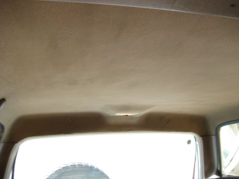 1993 Ford Bronco — Interior view of a vehicle's headliner and rear window, with a spare tire visible outside