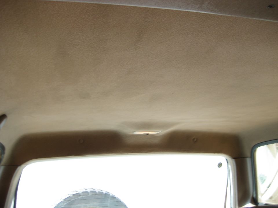Interior view of a vehicle's headliner and rear window, with a spare tire visible outside