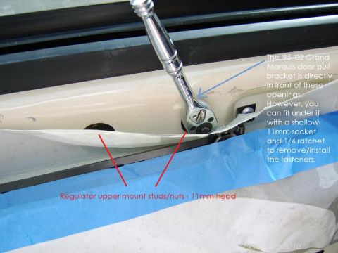 1996 Mercury Grand Marquis - Stupid door pull bracket in the way, but a shallow 11mm socket with a ratchet made it a minor inconvenience. non-issue for CV owners.