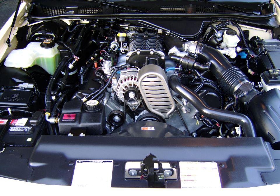 Supercharged V8 engine bay with intercooler reservoir and chrome accessories