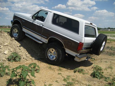 1993 Ford Bronco - This 1993 Ford Bronco is shown off-road with a two-tone paint scheme and a rear-mounted spare tire.