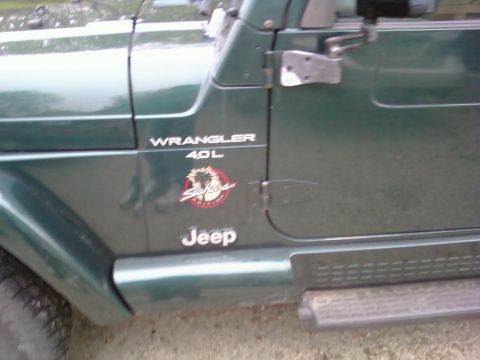 1988 Ford F-150 - Side view of a green Jeep Wrangler Sahara, with 'Wrangler 4.0L' and 'Jeep' badging visible.
