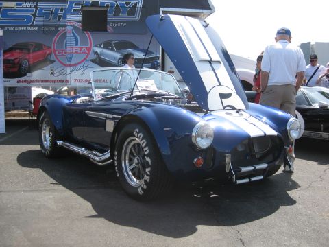 1990 Ford Probe - A blue and white Shelby Cobra convertible is displayed with its hood open, showing off its engine bay.