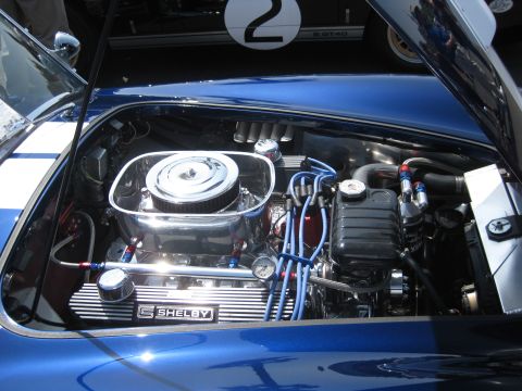 1990 Ford Probe - The engine bay of a blue Shelby Cobra features a prominent chrome air cleaner and distinctive Shelby valve covers.