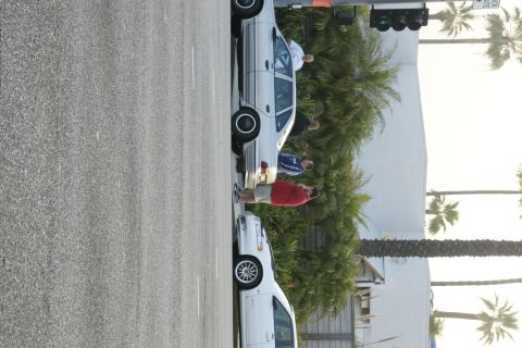 1992 Ford Taurus - Two cars are parked on a street with several people standing nearby, with palm trees in the background.