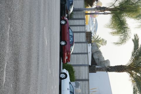 1992 Ford Taurus - A red 1992 Ford Taurus is parked in a lot with a white car nearby and palm trees in the background.