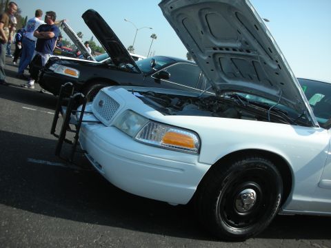 2004 Ford Crown Victoria - Two Ford Crown Victoria police cars are parked with their hoods open, displaying their engines.