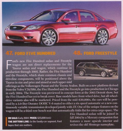 1999 Ford Taurus - Scanned magazine page previewing the Ford Five Hundred and Ford Freestyle, with a red artist's rendering of the Five Hundred sedan on large…