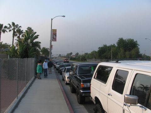1996 Ford C-350 (Centurion Conversions) - A row of vehicles is parked along a street with palm trees and a banner on a lamppost.