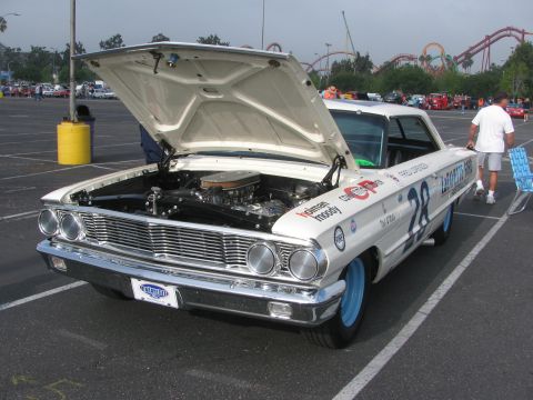 1996 Ford C-350 (Centurion Conversions) - White 1963 Ford Galaxie 500 lightweight race car, number 28, with hood open, parked outdoors.