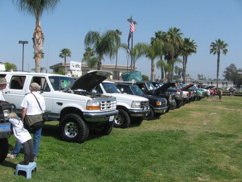 1996 Ford C-350 (Centurion Conversions) - A row of Ford trucks, including a 1996 Ford C-350 (Centurion Conversions), are displayed with their hoods open on a sunny day.