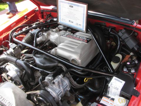 1996 Ford C-350 (Centurion Conversions) - The engine bay of a 1996 Ford Mustang Cobra, its 5.0 liter engine and a framed certificate.