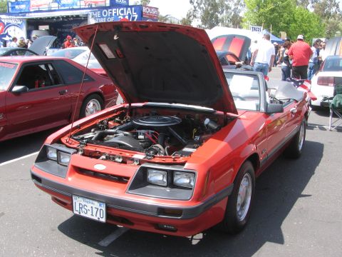 1996 Ford C-350 (Centurion Conversions) - A red convertible Mustang is displayed with its hood open at an outdoor car show.
