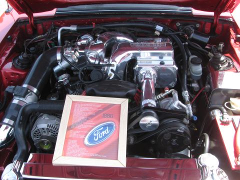 1996 Ford C-350 (Centurion Conversions) - A framed document with the 1986 Ford logo is displayed in the engine bay of a red vehicle.