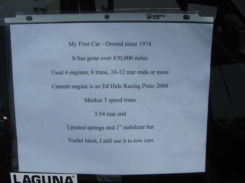 Paper detailing a car's history: owned since 1974, 470k miles, multiple engines and transmissions, Ed Hale Racing Pinto 2000 engine, Merkur 5 speed trans, 3:54 rear end, uprated springs, stabilizer bar, and trailer hitch