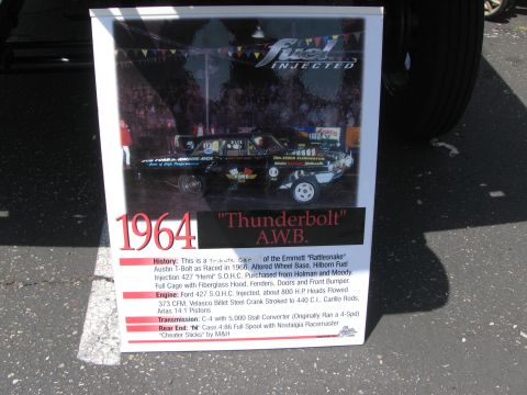 1996 Ford C-350 (Centurion Conversions) - This photo displays a 1964 Ford Thunderbolt A.W.B. drag car, detailing its history and specifications.