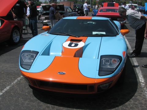 1996 Ford C-350 (Centurion Conversions) - Front view of a blue and orange Ford GT40 race car at a car show.