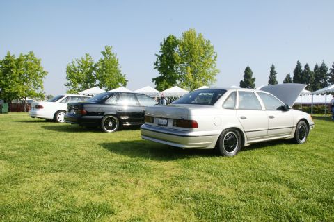 1992 Ford Taurus - Several sedans are parked on a grassy field under a clear blue sky, with tents in the background.