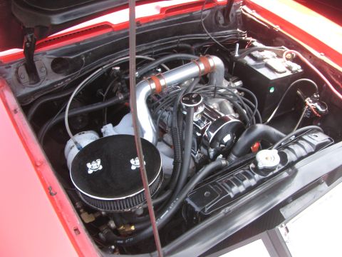 1996 Ford C-350 (Centurion Conversions) - Close-up view of a V8 engine in a red vehicle's engine bay.