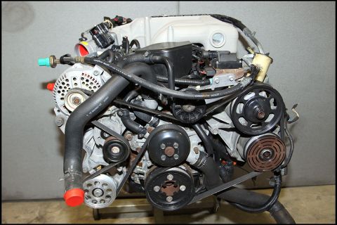 1994 Ford Bronco - Close-up view of a complex engine assembly, showing various components like the alternator, belts, and pulleys.