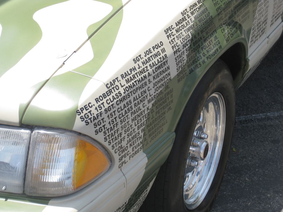 Car fender with camouflage paint and names of military personnel