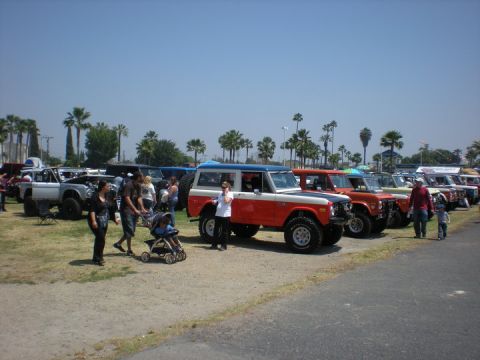 1979 Ford Bronco - A line of classic Ford Broncos are displayed outdoors under a clear blue sky.