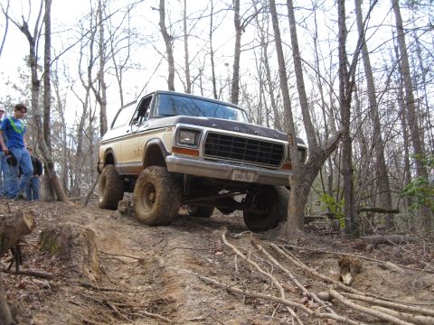 1993 Ford Bronco - Modified 1978 Ford Bronco navigating a wooded trail with large tires and lifted suspension.