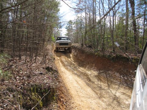 1993 Ford Bronco - A white Ford Bronco navigates a steep, rutted dirt road surrounded by trees.