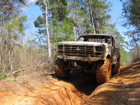 1993 Ford Bronco - This modified Ford pickup truck is navigating a challenging off-road trail in a wooded area.