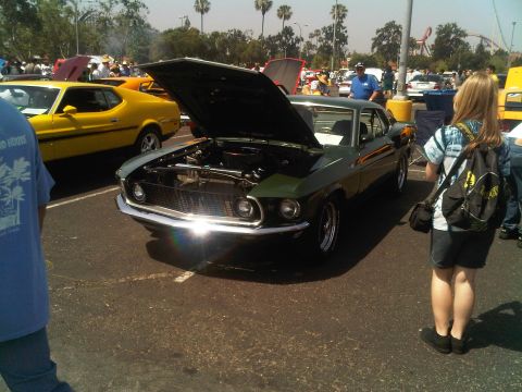 1986 Ford Bronco - A green classic car is displayed with its hood open at an outdoor car show.