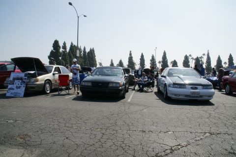 1992 Ford Taurus - A white Ford Taurus with a black hood is parked at an outdoor car show.