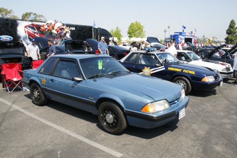 1992 Ford Taurus - Several Ford Mustangs, including two police cruisers, are on display at an outdoor event.