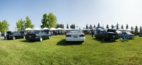 1992 Ford Taurus - Multiple cars are displayed on a lawn at an outdoor event with tents in the background.
