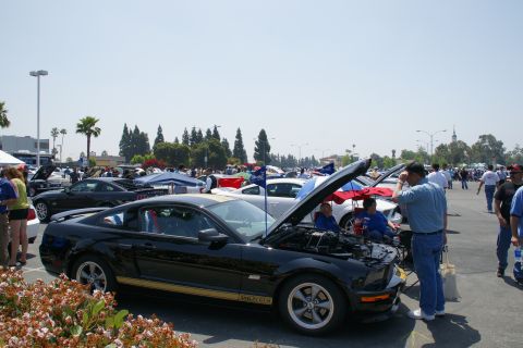 1992 Ford Taurus - A black Ford Mustang Shelby GT-H is displayed at a car show with its hood open, surrounded by other vehicles and attendees.