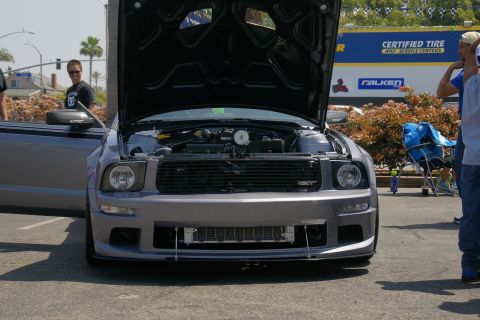 1992 Ford Taurus - Front view of a 2005 Ford Mustang GT with its hood open, revealing the engine bay.