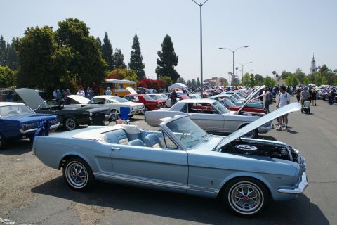1992 Ford Taurus - A light blue 1965 convertible Mustang is displayed with its hood open at a car show alongside other classic vehicles.
